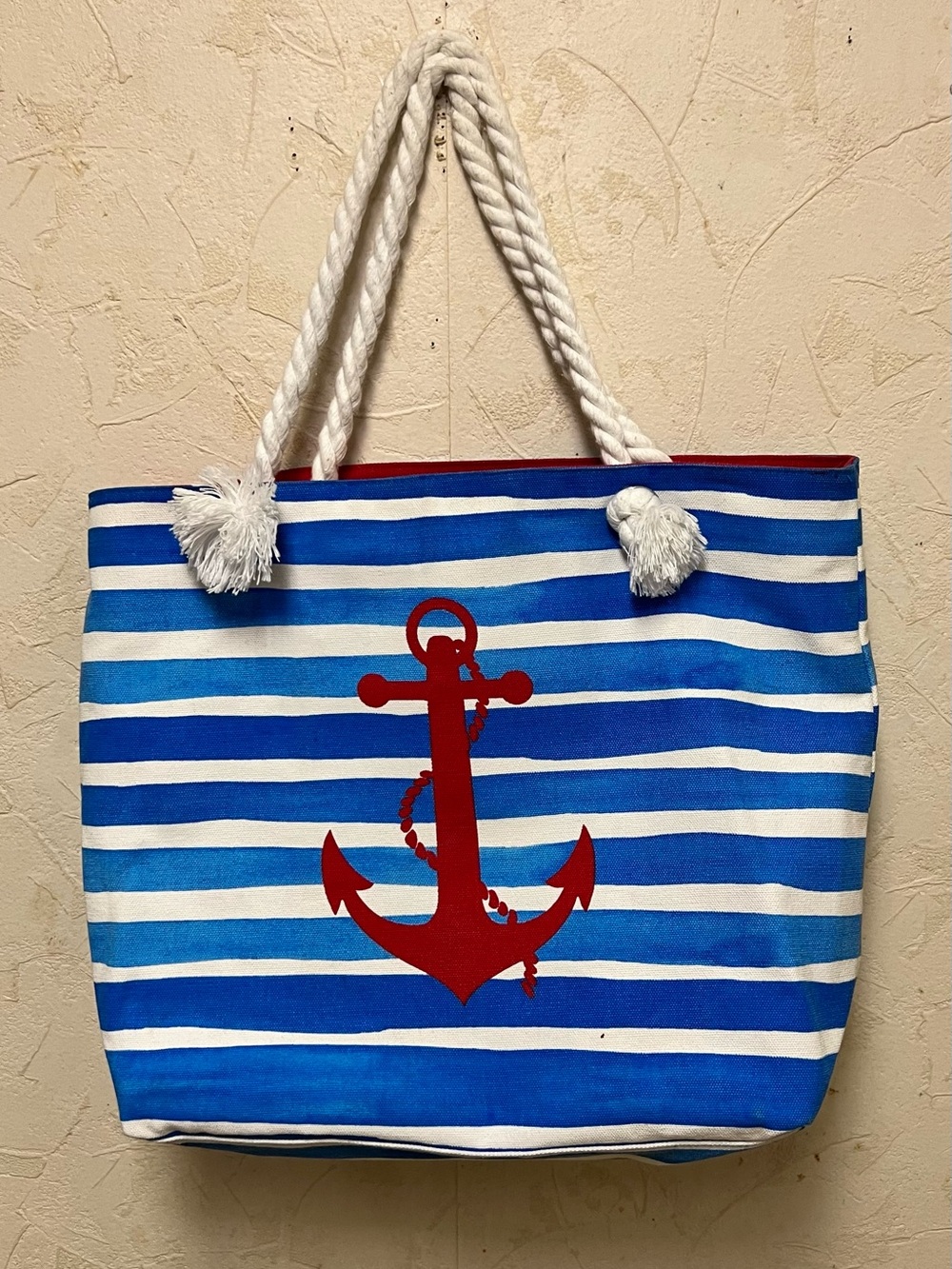 Blue White Striped Canvas Beach Tote Red Anchor Punctate